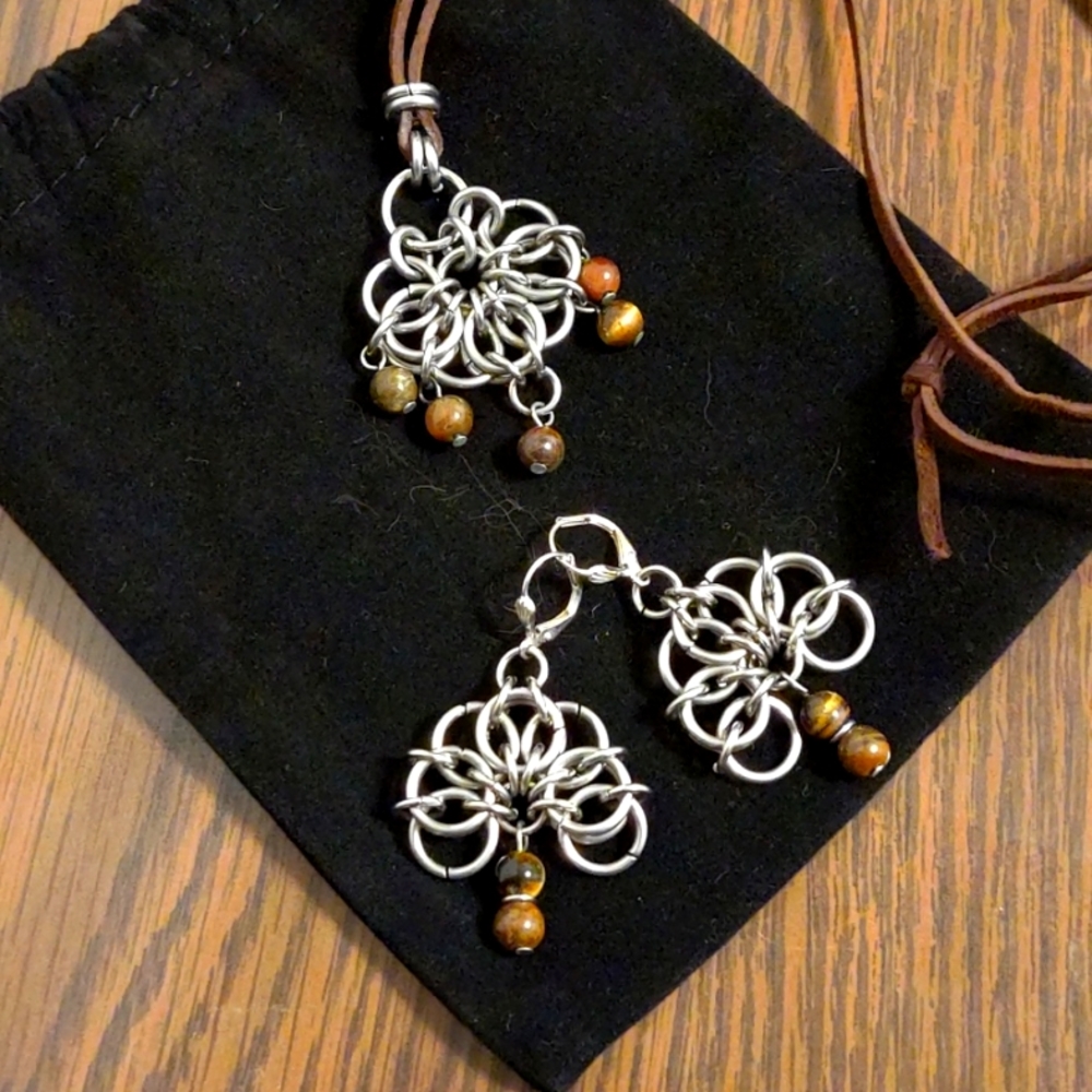 Rare Chainmail Tiger-Eye Necklace & Earrings Set